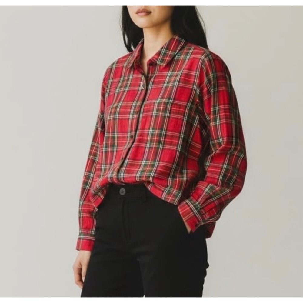 Marine Layer Zoe LS Crop Relaxed Shirt Red Tartan Plaid Small NWT long sleeve